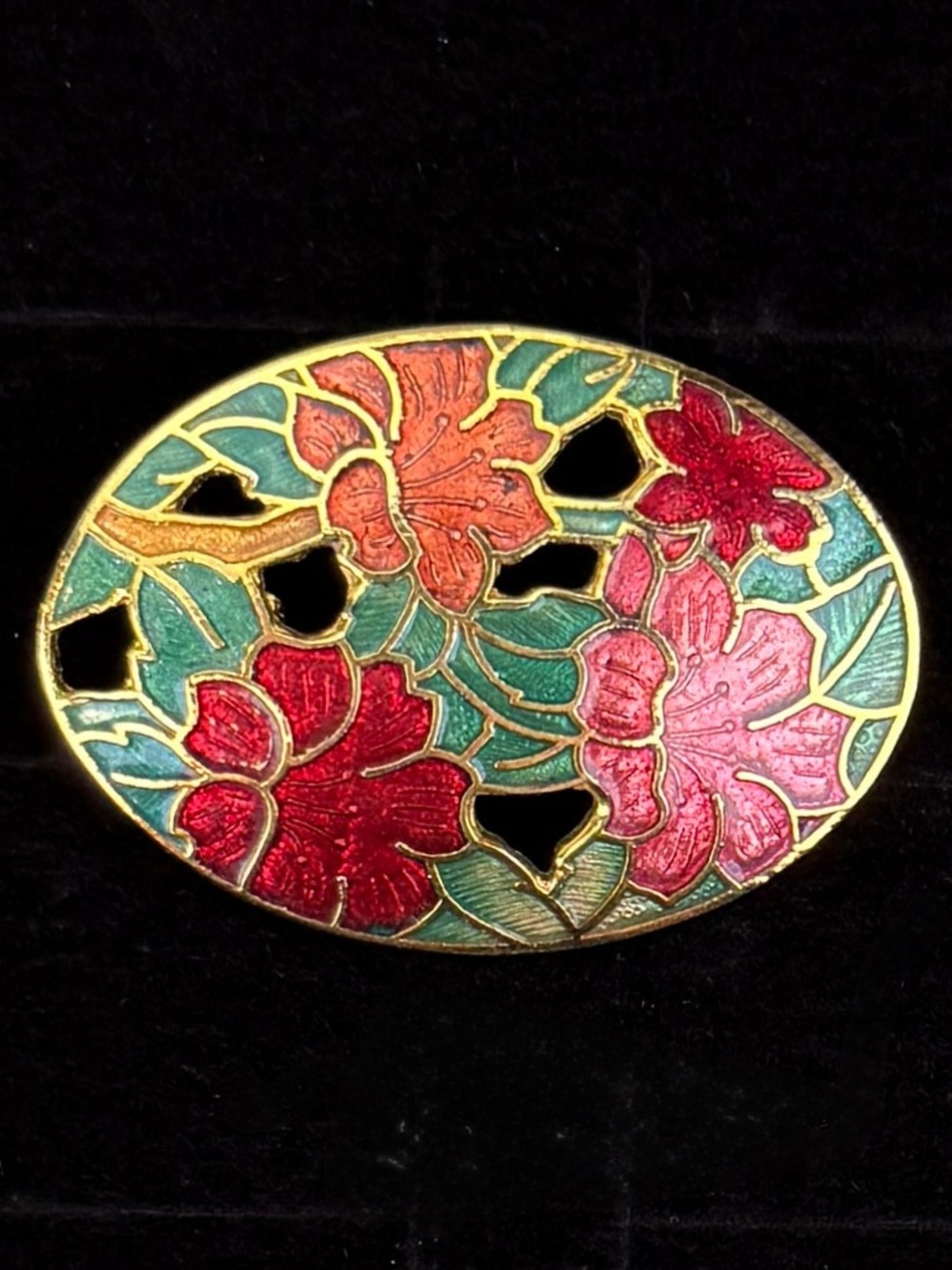 Vintage Cloisonné Floral Openwork Oval Enamel Brooch Gold Tone